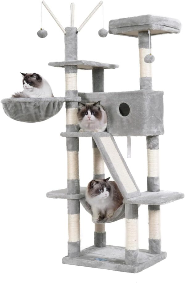 Hey-brother Cat Tree, 61 inch Cat Tower for Indoor Cats, Cat House with Padded Platform Bed, Toy Balls, Large Cozy Condo, Hammocks and Sisal Scratching Posts, Light Gray MPJ019W