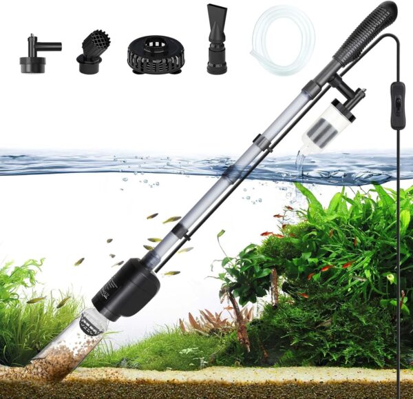 AQQA Aquarium Gravel Cleaner, 6-in-1 Multifunction Fish tank cleaner,20W Powerful Automatic Aquarium Vacuum Gravel Cleaner with Adjustable Water Flow, for Water Cleaning & Wash Sand