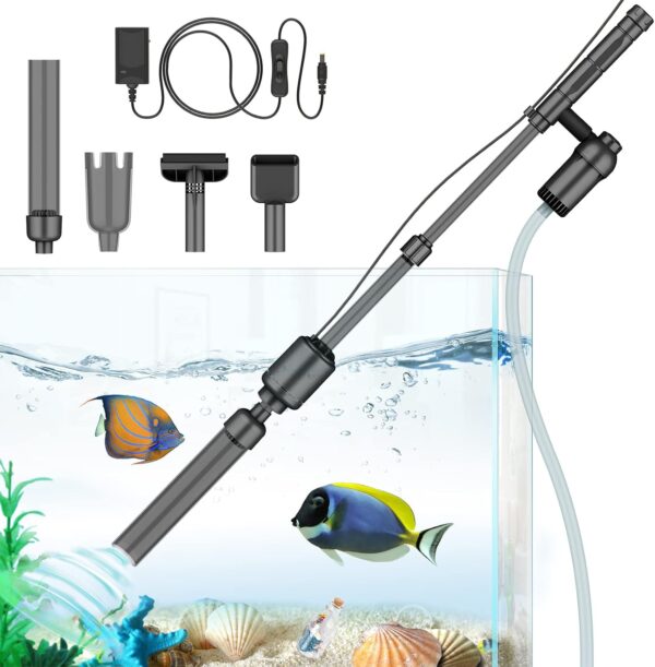 bedee Electric Aquarium Gravel Cleaner, Fish Tank Cleaner, 6 in 1 Automatic Aquarium Cleaner Vacuum Kit for Water Changing & Wash Sand with Adjustable Water Flow, DC 12V, 18W / Black