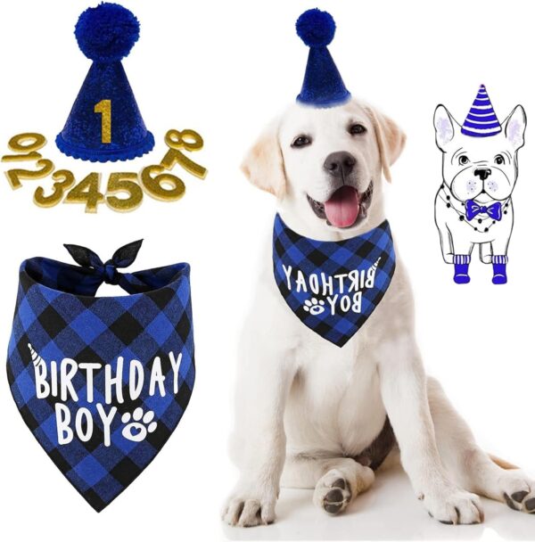 1Pcs Dog Birthday Bandana Hat Scarf Set, Dog Birthday Hat, Dog Birthday Party Accessories, Reusable Dog Cats Birthday Cap for Pet Puppy Cat Birthday Party Decorations (Blue)