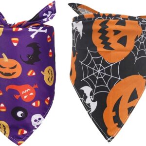 2PCS Halloween Dog Bandanas, Adjustable Double-Sided Reversible Pet Bibs, Pumpkin and Ghost Triangle Scarf for Small Medium Large Dogs, Cats Halloween Party Costume Accessories