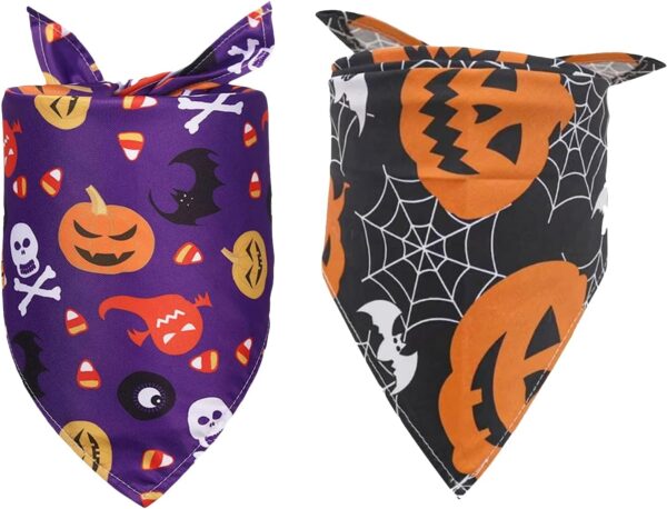 2PCS Halloween Dog Bandanas, Adjustable Double-Sided Reversible Pet Bibs, Pumpkin and Ghost Triangle Scarf for Small Medium Large Dogs, Cats Halloween Party Costume Accessories