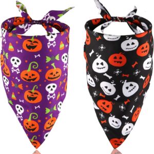 2pcs Halloween Dog Bandanas, 2 Colors Halloween Triangle Dog Scarf Double-Sided Reversible Puppy Bandana Pet Halloween Costume Triangle Bibs for Small Medium Dogs (Pumpkin Style)