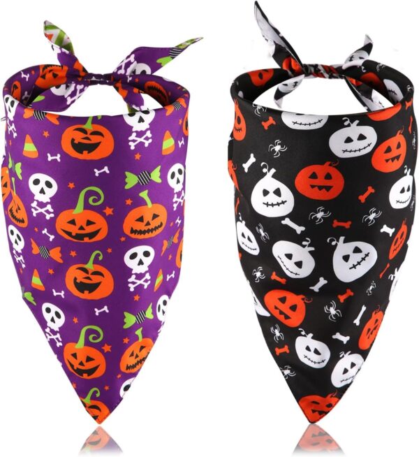 2pcs Halloween Dog Bandanas, 2 Colors Halloween Triangle Dog Scarf Double-Sided Reversible Puppy Bandana Pet Halloween Costume Triangle Bibs for Small Medium Dogs (Pumpkin Style)