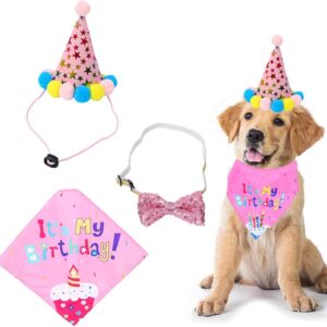 3 Pcs Dog Birthday Bandana, Dog Birthday Bandana Set, Dog Birthday Party Supplies, with Cute Doggie Birthday Party Hat And Bow Tie, for Small Medium Large Dogs Pets (Pink)