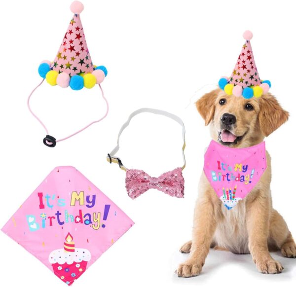 3 Pcs Dog Birthday Bandana, Dog Birthday Bandana Set, Dog Birthday Party Supplies, with Cute Doggie Birthday Party Hat And Bow Tie, for Small Medium Large Dogs Pets (Pink)