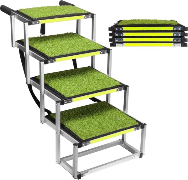 4-Layer Portable Dog Ramp for Car, SUV, Truck - Lightweight Aluminum with Artificial Grass - Non-Slip, Foldable Pet Ladder, Safe & Durable (Grass, 4-Layer)