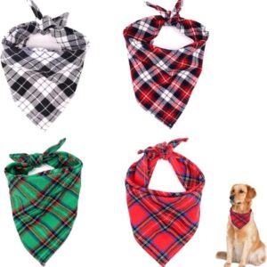 4 Pcs Dog Bandana Plaid Bibs Scarf Soft Dog Bandanas Classic Plaid Washable Reversible Adjustable Triangle Dog Scarf Bow Ties for Pets and Cats