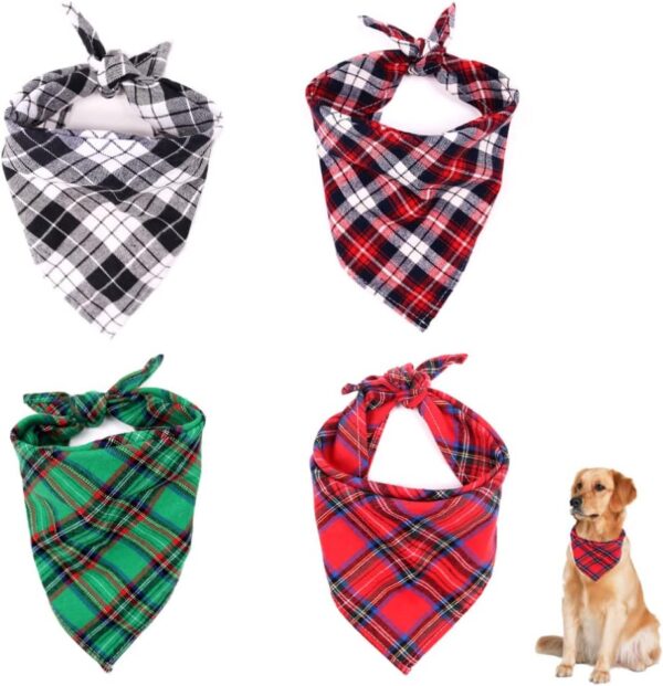 4 Pcs Dog Bandana Plaid Bibs Scarf Soft Dog Bandanas Classic Plaid Washable Reversible Adjustable Triangle Dog Scarf Bow Ties for Pets and Cats