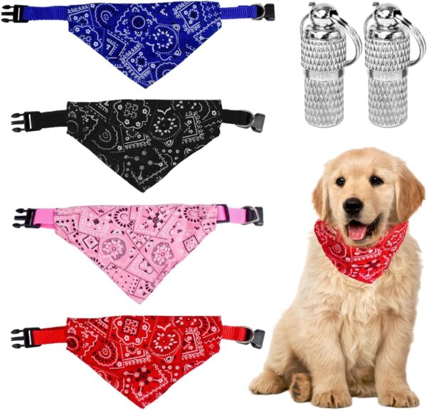 4 Pet Scarves with 2 Message Pendants, Triangle Pet Scarf, Adjustable Pet Bandana, Halloween Dog Bandana, Cute Pattern Pet Scarf (Red, Blue, Black, Pink)