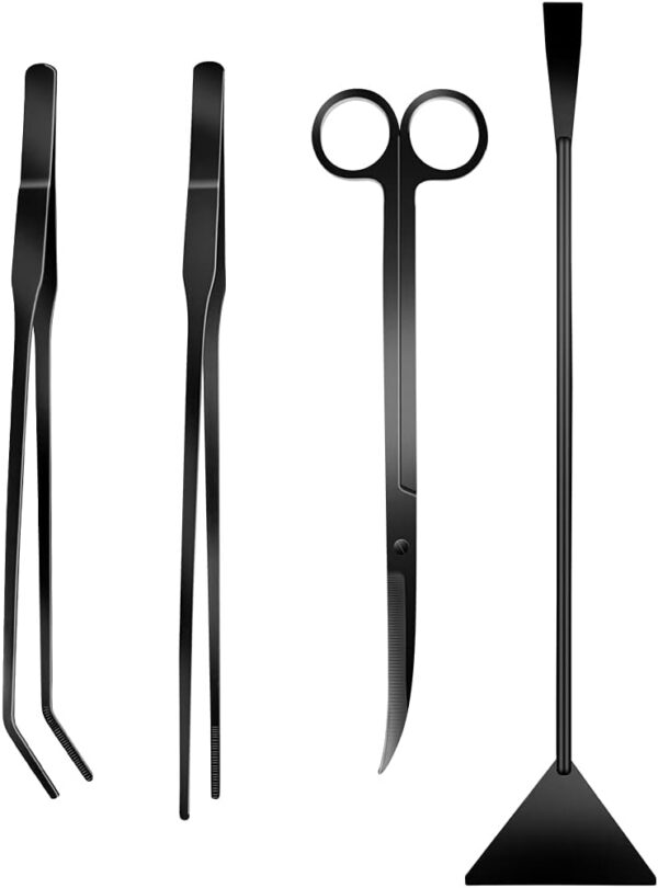 4Pcs Aquascaping Tools Kit, Long Stainless Steel Aquarium Plant Tools with Black Anti-Rust Coating, Aquarium Tweezers, Scissors, and Scrapers for Aquascaping Cleaning（Free Magnetic Tool Holder）