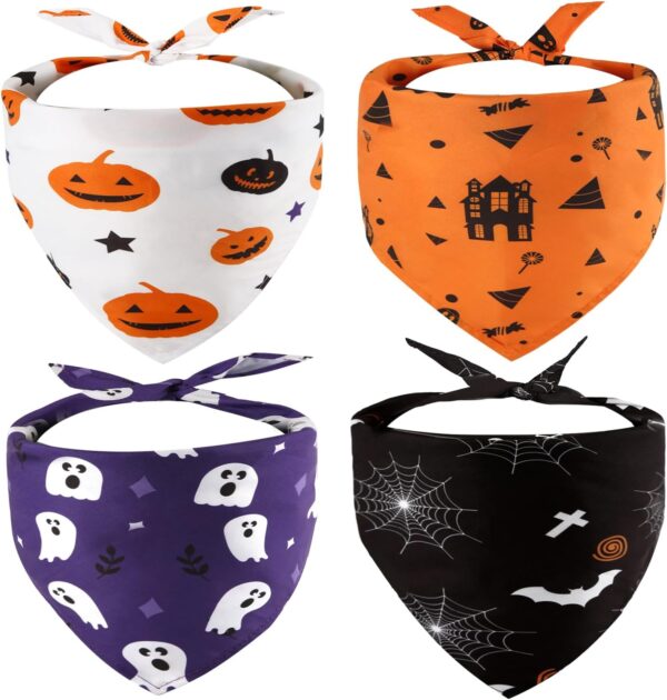 4pcs Pet Halloween Costume, Halloween Dog Bandanas Candy Pet Triangle Scarf Washable Breathable Pet Neckerchief for Small Medium Large Dog and Cats