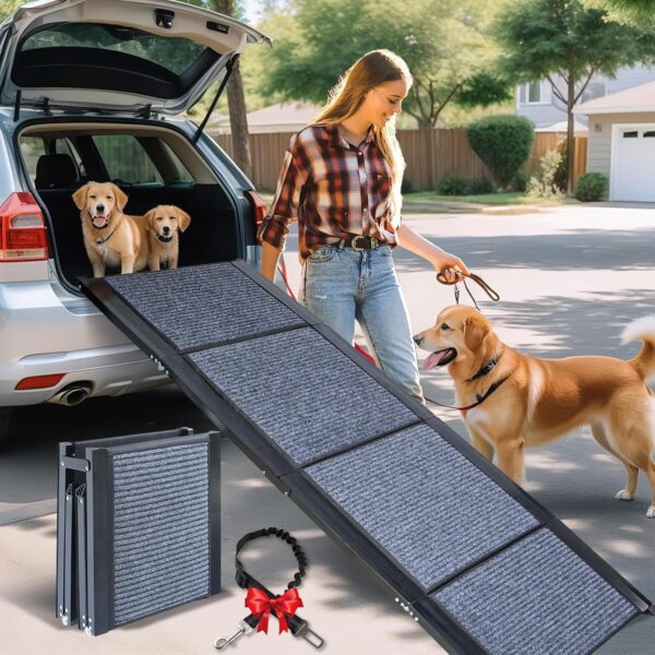 62" Long Dog Ramp for Car, Foldable Dog Ramps for Large Dogs, Portable Dog Ramp for Truck, 17" Wide Dog Car Ramp with Non-Slip Rug Surface, Pet Ramp for Large Dogs Up to 200LBS for Car, SUV & Truck-L