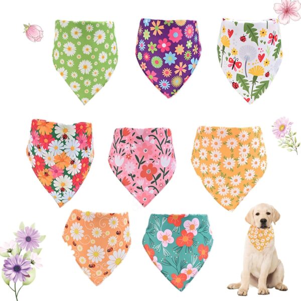 8 Pcs Floral Dog Bandanas,Pet Triangle Bib Scarf Daisy,Washable Adjustable Pet Bandana,Spring Summer Flower Pattern Triangle Scarf,Cotton Triangle Dog Scarfs for Small Medium Dogs and Cats