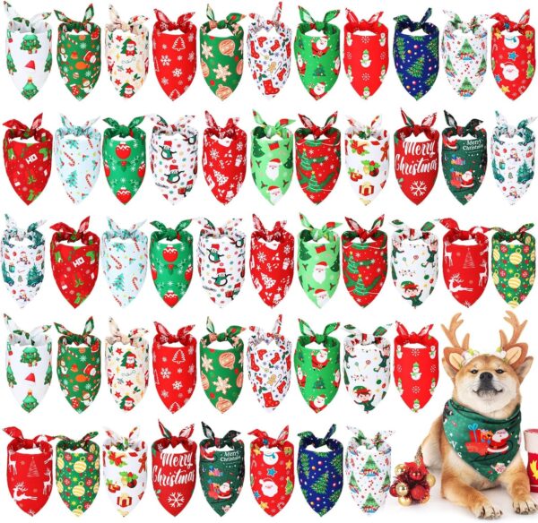 Abbylike 50 Pieces Christmas Dog Bandanas Bulk Xmas Dog Bandanas for Dogs Dog Kerchief Set Bibs Triangle Dog Scarf with Christmas Patterns for Christmas Pet Costume Accessories Decoration