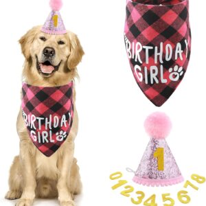 Amaxiu Dog Birthday Party Set, Girl Dog Birthday Bandana Hat with 8 Bling Number Pet Happy Birthday Supplies Glitter Hat Plaid Bandana for Small Medium Large Dogs (Pink)