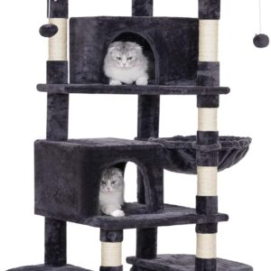 BEWISHOME Cat Tree for Indoor Cats 65.3 Inch Multi-Level Cat Tower for Large Cats with Sisal Scratching Post,Plush Top Perches, Hammock,Cat Condo Play House Cat Furniture Kitty Activity Center MMJ21H