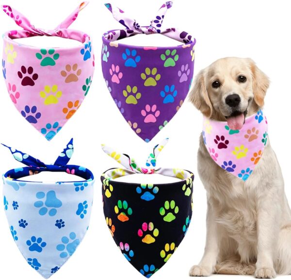 BIPY 4PCS Paw Pattern Dog Bandanas Two-sided Pet Triangle Scarf Puppy Daily Soft Bibs for Large XL Dogs Washable Adjustable Pet Neckerchief Festival Party Costume