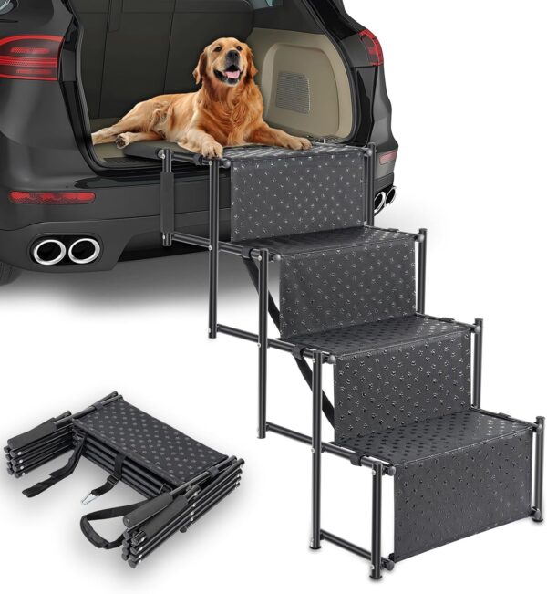 BQKOZFIN Dog Steps for Car, 80KG Load Capacity Foldable Dog Stairs for Medium Large Dog, Portable Dog Car Ramps for All Vehicles & High Bed, Lightweight Non-slip Pet Ladder Ramp (4 Steps)