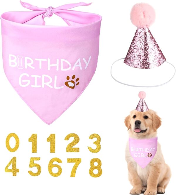 Benaewa Dog Birthday Bandana, Pets Dog Scarf Birthday Party Supplies Decorations with Cute Hat & Self-adhesive Number Stickers(Pink)