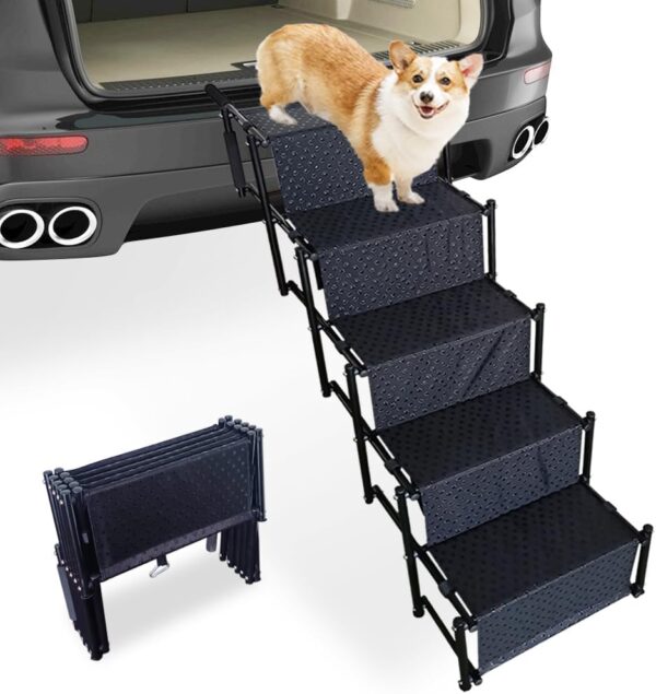 Boicafe Dog Ramp for Car, 5 Step Fordable Pet Dog Aluminum Stairs for Medium Large Dogs up to 160lbs for Outdoor Use