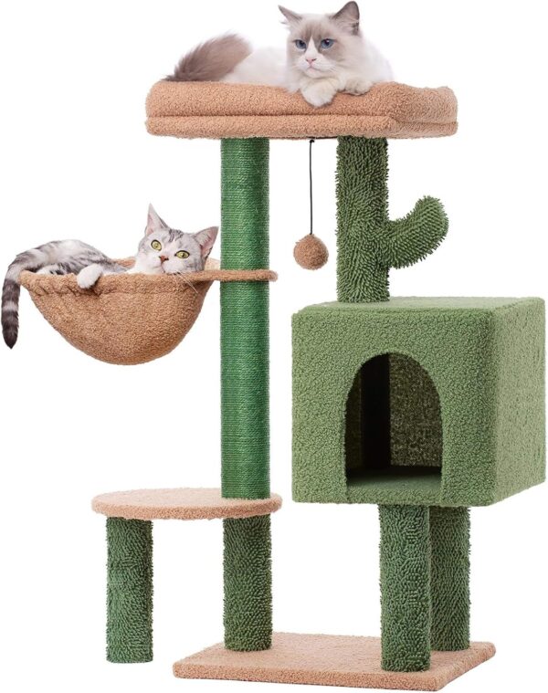 Cactus Cat Tree, 87cm Cactus Cat Scratching Post, Scratch Post in Natural Sisal Rope, Cat Tower with 4 Scratching Posts, for Indoor Cats with Super large Condo, Cat Scratching Tower with large Hammock