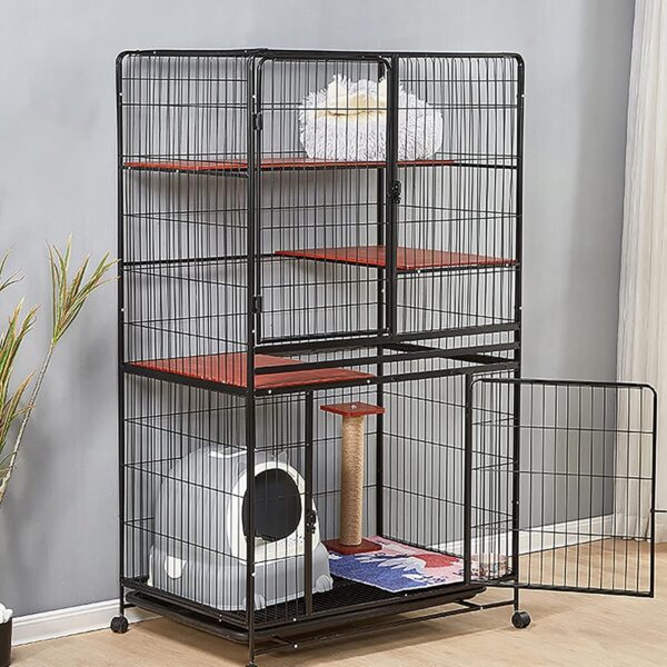 Cat Cage Cat Cage Cat Crate Kennel Enclosure Playpen Large Metal Pet Cat Kitten Ferret Animal House Cage Indoor Outdoor with Doors & 1 Hammock and Grid Mats and Trays (Color : Black, Size :