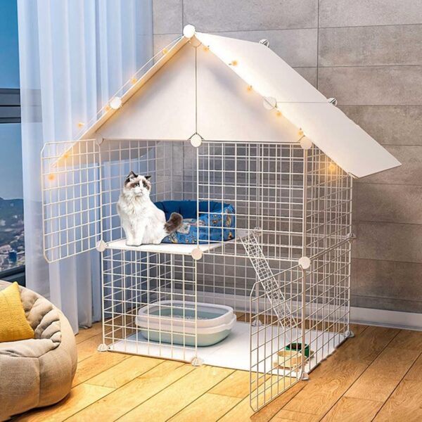 Cat Cage - Cat Cages Indoor 2-Tier Cat Condo, Cat Playpen Folding Metal Crate Cat Cage with Litter Boxcat Cage Hammock Cat Outdoor Enclosure - for Small Animal, Puppies, Kitties, Bunny, Turt