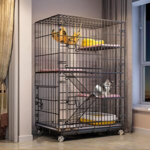 Cat Cage Cat Cages Indoor Large with Litter Box, Outdoor Cat Enclosures, Pet Folding Wire Cat Ferret Chinchilla Crate with Casters, Tray and Hammock