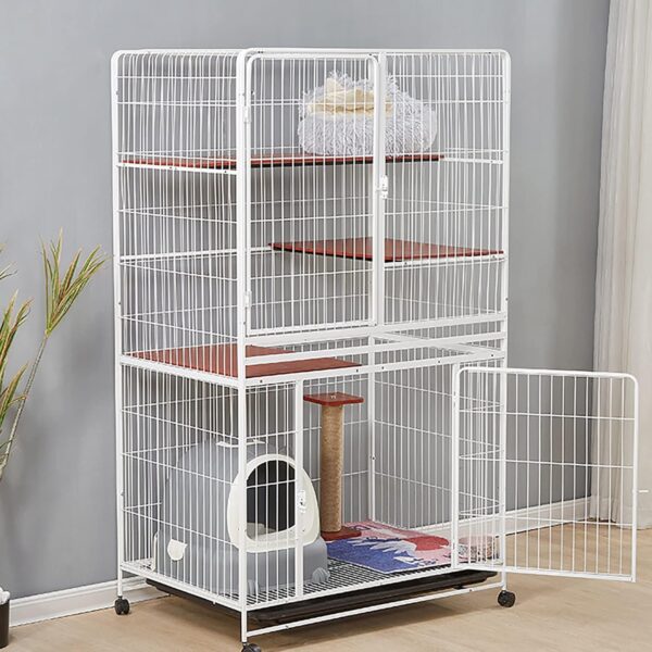 Cat Cage Cat Crate Kennel Enclosure Playpen Large Metal Pet Cat Kitten Ferret Animal House Cage Indoor Outdoor with Doors & 1 Hammock and Grid Mats and Trays (Color : White, Size : 95x65x165CM)