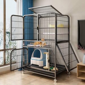 Cat Cage Cat House Cat Litter Box Pet Enclosure with Front Doors Ramp Ladders Resting Platforms Beds Tray Hammock Cage for Cats (Color : Black, Size : 71x55x127CM)