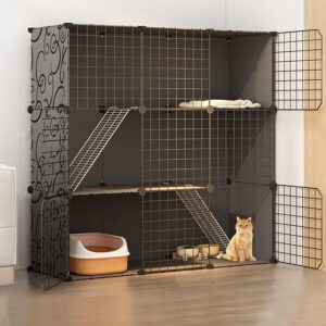 Cat Cages Indoor Large, Cat Enclosure, Cat Cabinet Semi-Enclosed Cat Cage DIY Cat Playpen, Pet Fence Indoor, with Cat Nest + Cat Hammock + Cat Litter Box + Cat Bowl, for 1-3 Cat (Size : Blac