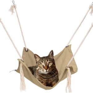 Cat Hammock, Breathable Pet Cage Hammock, Cat Hanging Bed with Metal Carabiners and Tassels, Cat Hanging Hammock for Cage, Hammocks for Kittens, Rabbits, Small Dogs (Khaki)