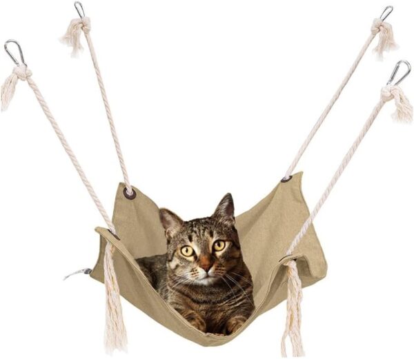 Cat Hammock, Breathable Pet Cage Hammock, Cat Hanging Bed with Metal Carabiners and Tassels, Cat Hanging Hammock for Cage, Hammocks for Kittens, Rabbits, Small Dogs (Khaki)