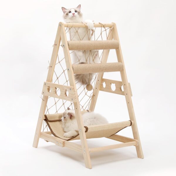 Cat Tree Tower,34inch Natural Solid Wood Cat Tree,Cat Tower with Scratching Post,Cat Climbing Shelves,Wooden Cat Tree with Cat Hammock for Small Cats,Cat Shelves,cat ladder,Cat Furniture,Cat Toys