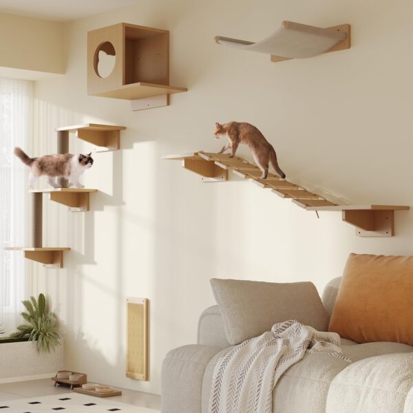 Cat Wall Shelves, Set of 5 Wooden Cat Wall Furniture with Cat Condo, Cat Scratching Post with 3 Steps, Bridge, Cat Hammocks and Scratcher