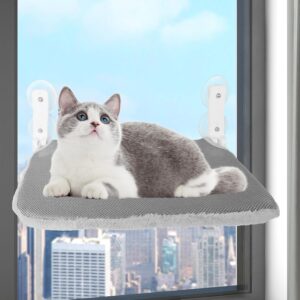 Cat Window Bed, Cat Window Hammock with 4 Suction Cups and Sturdy Metal Frame, Foldable Cat Window Perch with Reversible Mat for for all seasons, Easy to Disassemble for Cleaning (Grey, Small)