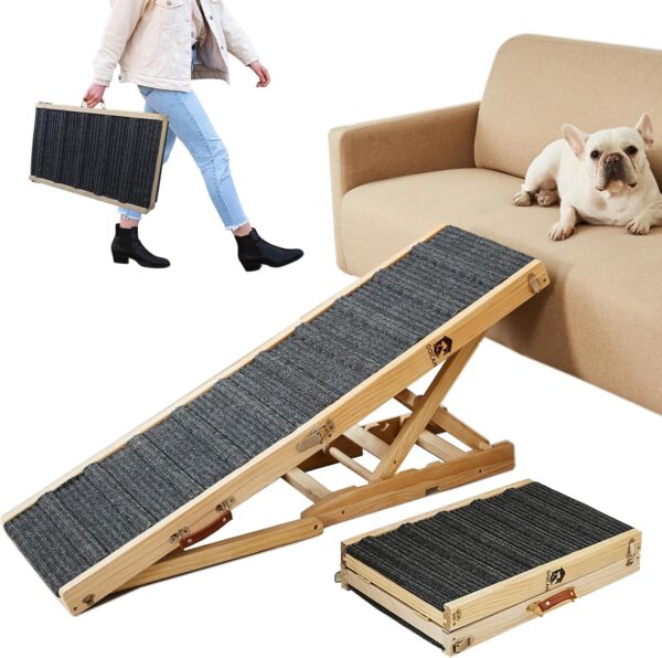 DOICAH Dog Ramp for Bed, Adjustable Pet Ramp for Couch, 47.2" Length Dog Ramp for High Bed, Wooden Folding Portable Dog car ramp Non Slip Carpet Surface 4 Adjustable Height, Patent Design