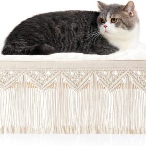 Dahey Boho Cat Bed with Blanket Wooden Cat Hammock Bed for Indoor, Macrame Elevated Pet Beds Breathable Cat Couch Furniture Pet Resting Hammock Cat Chair Gift for Cats and Small Dogs