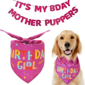 Dog Birthday Bandana Banner Set, Dog Birthday Party Supplies, Triangle Scarf Triangle Dog Scarfs Bandanas, It's My Bday Mother Puppers Sign Banner for Medium & Large Dogs Pets (Birthday Girl(Pink))