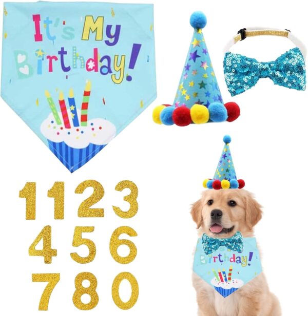 Dog Birthday Bandana, Dog Birthday Hat, Dog Birthday Decorations, Dog Party Hat, dog birthday bandana hat decorations Suitable for Cats and Dogs Pet Birthday Party Decoration (Blue)