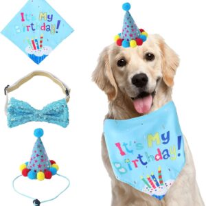 Dog Birthday Bandana, Dog Birthday Party Supplies, Dog Birthday Bandana Set, with Cute Doggie Birthday Party Hat And Bow Tie, for Small Medium Large Dogs Pets (Light Blue)