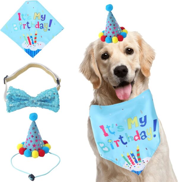 Dog Birthday Bandana, Dog Birthday Party Supplies, Dog Birthday Bandana Set, with Cute Doggie Birthday Party Hat And Bow Tie, for Small Medium Large Dogs Pets (Light Blue)