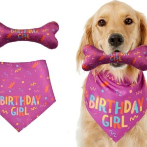 Dog Birthday Bandana Girl Set,Pet Happy Birthday Toy Party Triangle Bibs with Cute Biting Bone Scarf Accessory for Small Medium Large Dogs Cats - Pink