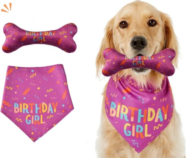 Dog Birthday Bandana Girl Set,Pet Happy Birthday Toy Party Triangle Bibs with Cute Biting Bone Scarf Accessory for Small Medium Large Dogs Cats - Pink