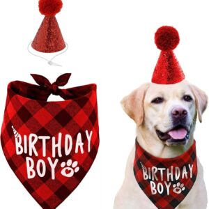 Dog Birthday Bandana Hat Set,Pets Birthday Party Supplies,Dog Birthday Hat and Dog Birthday Bandana Boy Set for Small Medium Dogs (Red)