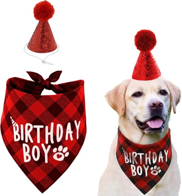 Dog Birthday Bandana Hat Set,Pets Birthday Party Supplies,Dog Birthday Hat and Dog Birthday Bandana Boy Set for Small Medium Dogs (Red)