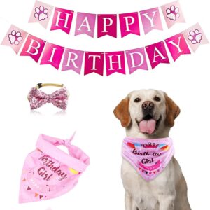 Dog Birthday Party Supplies, Happy Birthday Banner, Dog Birthday Bandana, Bow Tie, Triangle Scarf, Dog Decoration for small Medium Large Dogs (Pink)