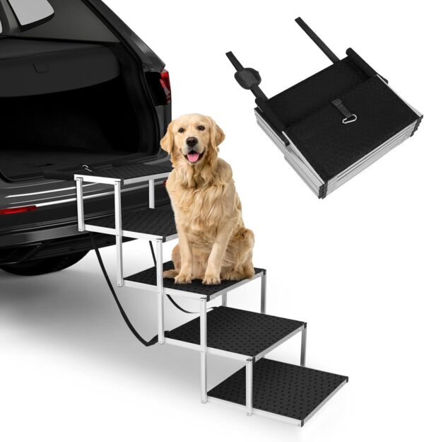 Dog Car Ramps, Portable Folding Dog Stairs, Lightweight Pet Ramp for Large Dogs with Non-Slip Surface, Reinforced Dog Steps Supports Up to 150 lb, 5 Steps, for Cars SUV