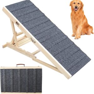 Dog Ramp for Bed, Adjustable Pet Ramp for Couch, 47.2" Length Dog Ramp for High Bed, Wooden Folding Portable Dog car ramp Non Slip Carpet Surface 4 Adjustable Height 0"-24" (Warm White, 50cm Width)